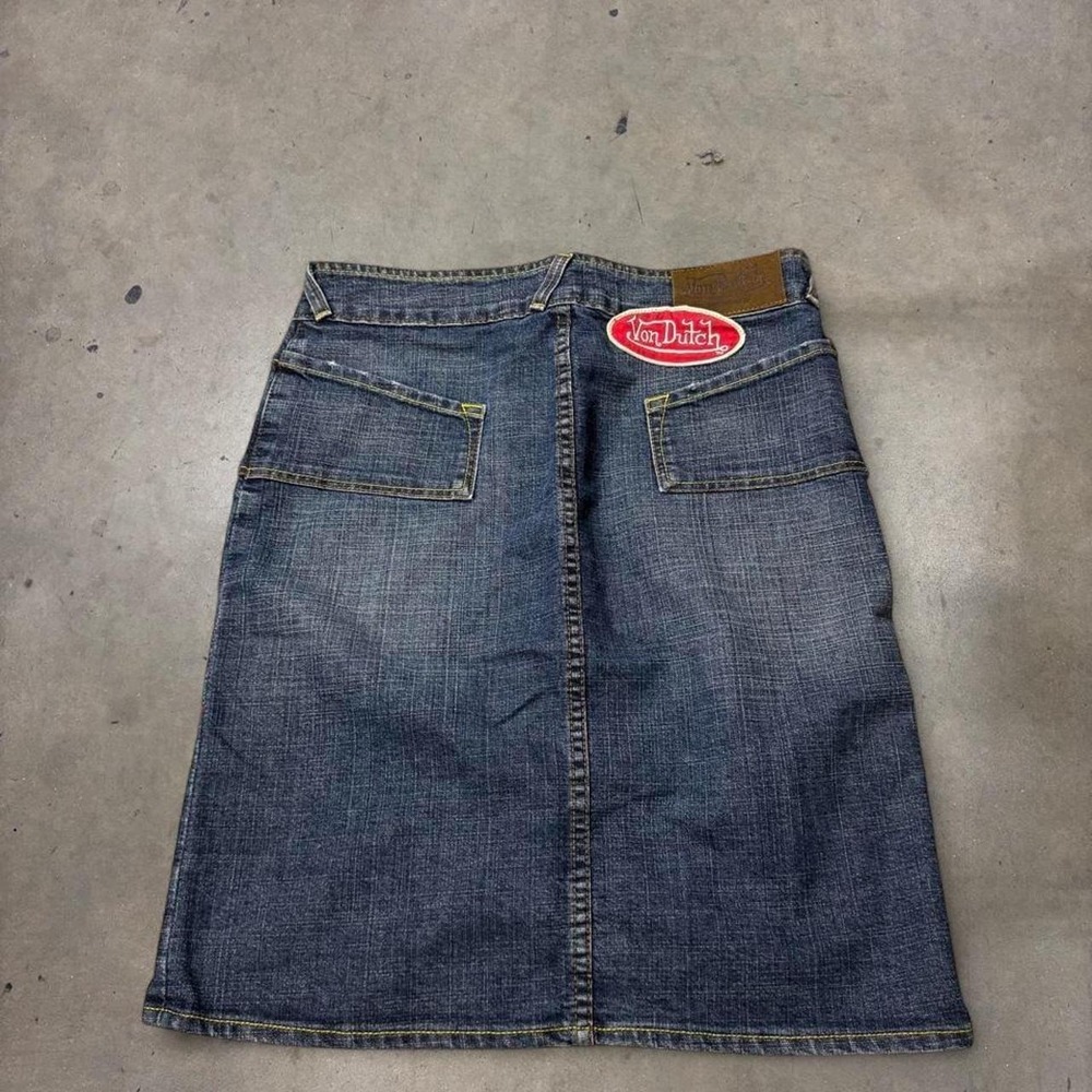 Vintage Von Dutch Blue Denim Skirt Red Stitch Side Zip Patch Womens Small